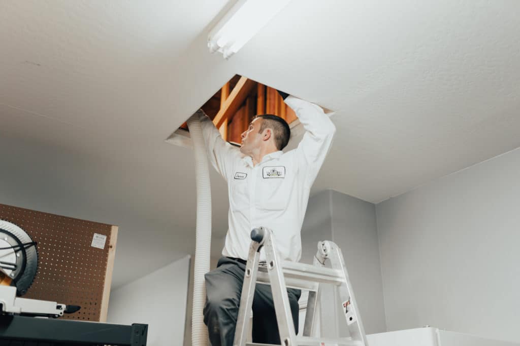 contractor adds blown-in insulation to attic of home