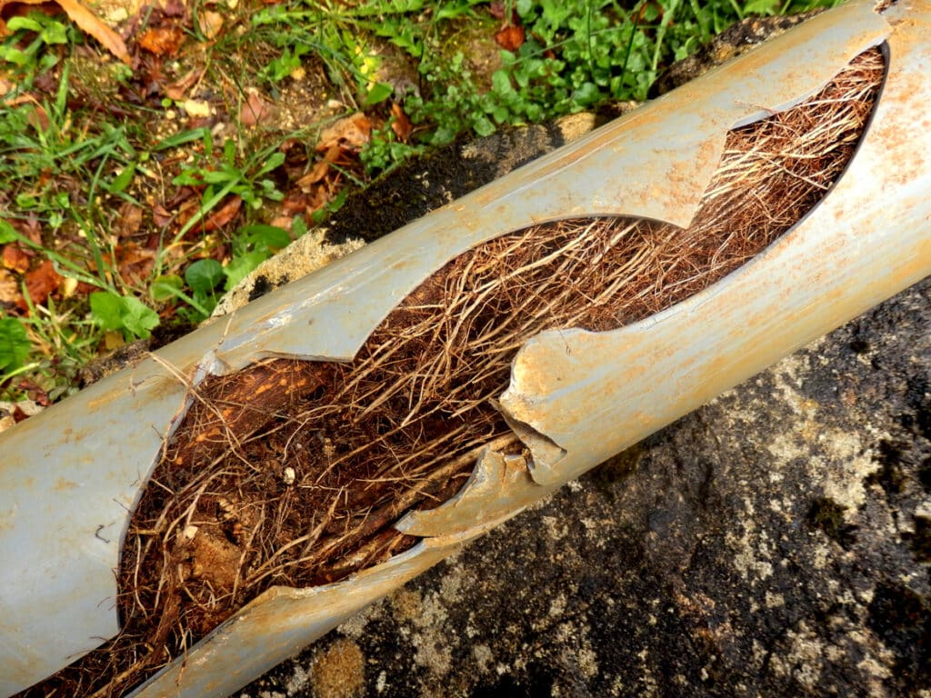 Cracked sewer pipe infiltrated by tree roots