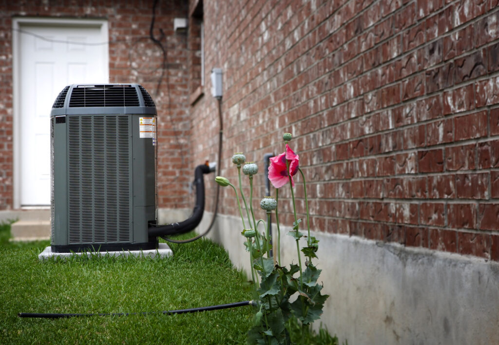 Air conditioning system in backyard next to house and a flower growing nearby.