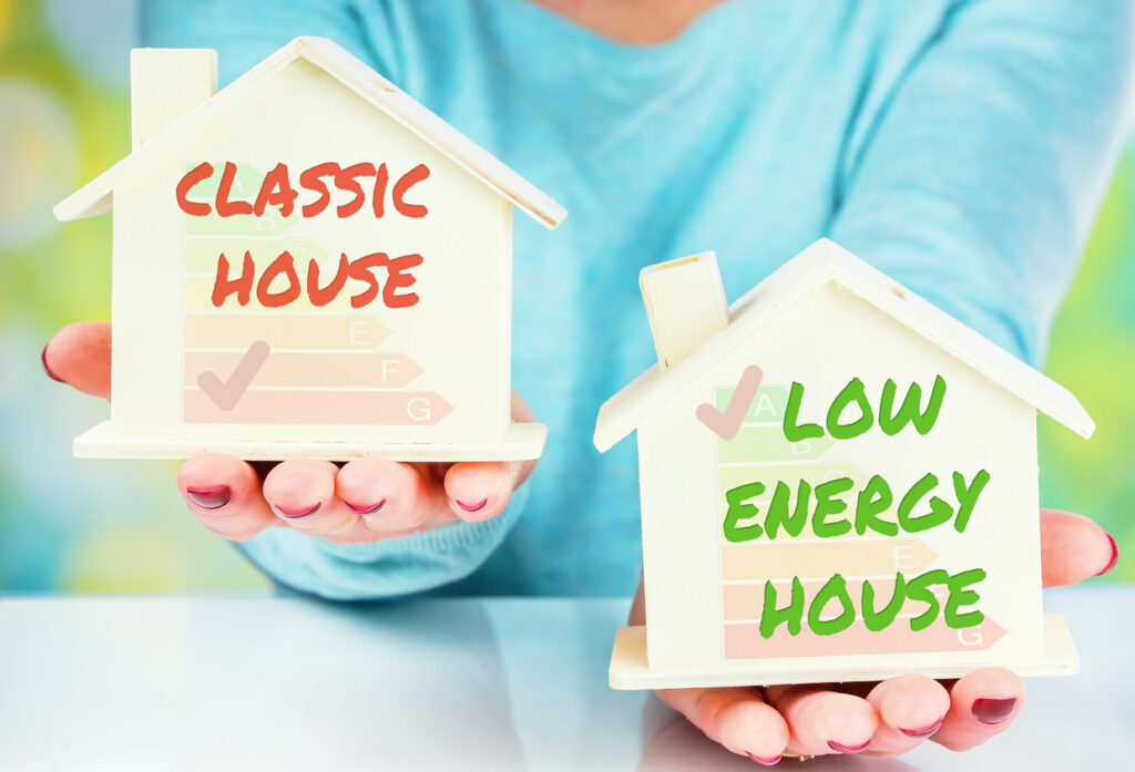 Person holding two small houses in their hands that say "Classic House" and "Low Energy House"