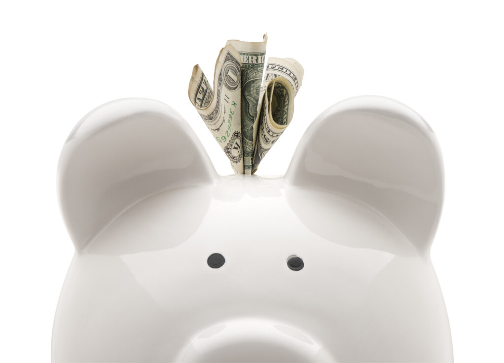 Close-up white piggy bank and US dollars sticking out the top. White background.
