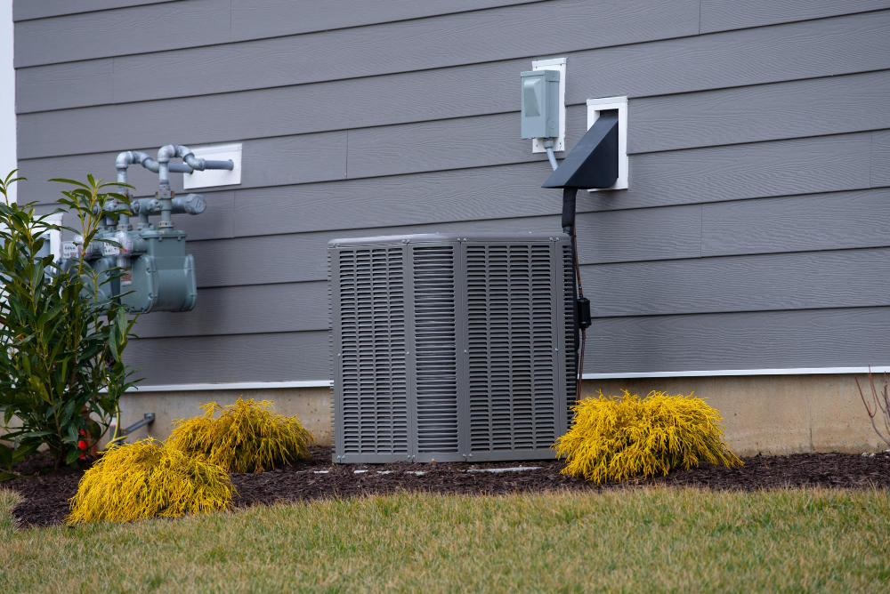 AC unit sitting next to house, surrounded by attractive landscaping.