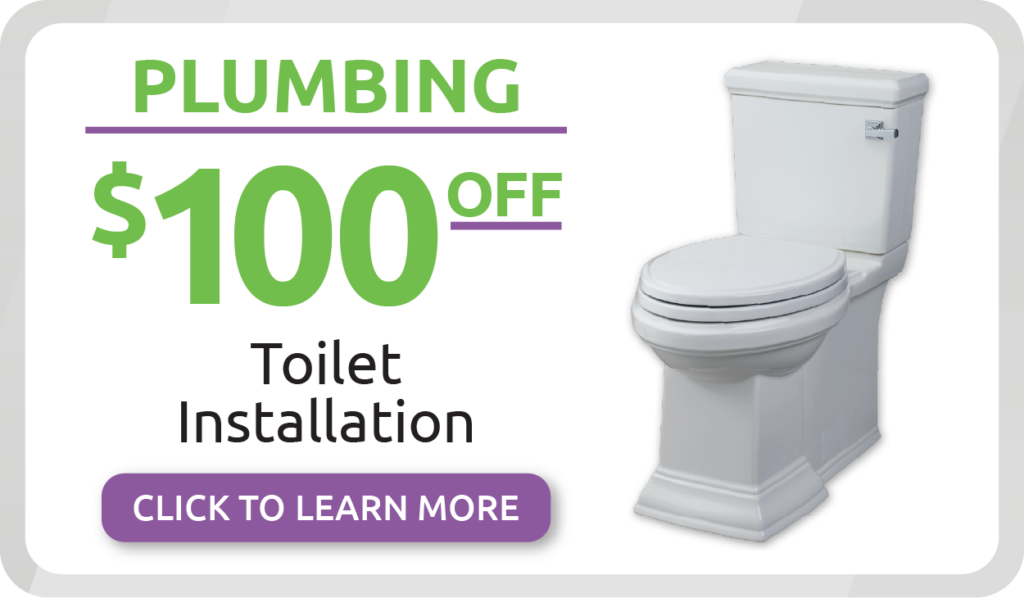 Advertisement showing $100 off toilet installation for plumbing services, with a photo of a toilet and a button labeled “Click to learn more.”.