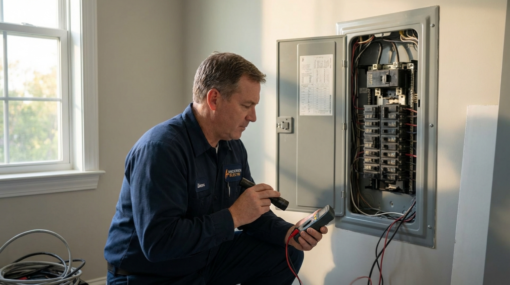 An electrician kneels next to an open electrical panel, using a multimeter to test the wiring inside a well-lit room.