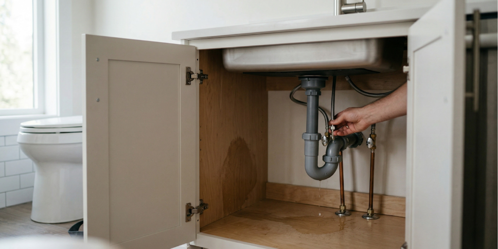 %title% | Penguin Air, Plumbing & Electrical A person’s hand adjusts plumbing under a sink in a bathroom cabinet, with a visible water leak on the cabinet floor.