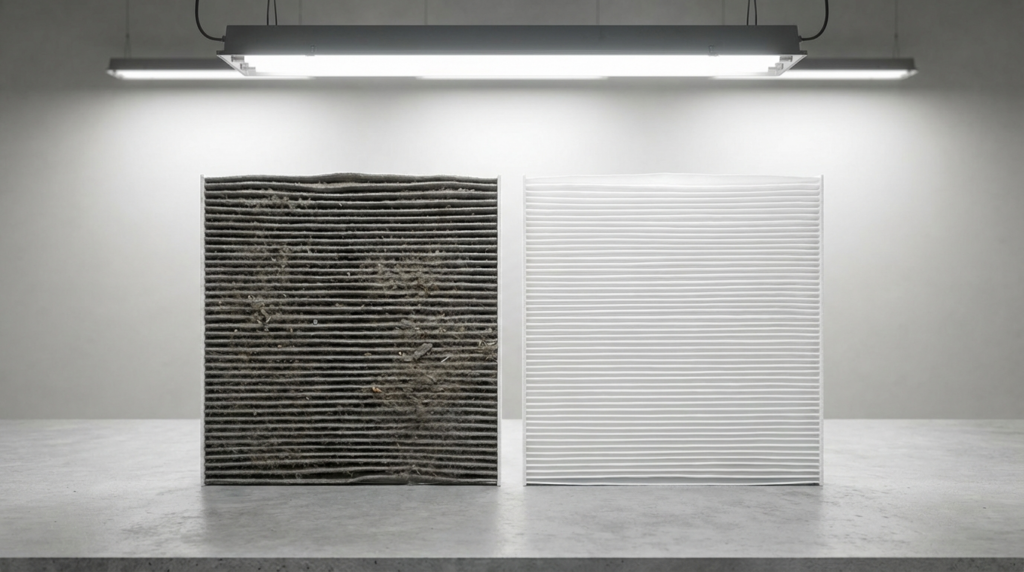 %imagetitle% | Penguin Air, Plumbing & Electrical Two air filters are shown side by side under a ceiling light; the left filter is dirty and dark, while the right filter is clean and white.