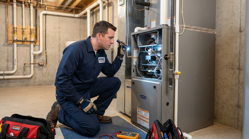 A technician in work clothes uses a flashlight to inspect the inside of a furnace in a basement, with tools and a red tool bag nearby.