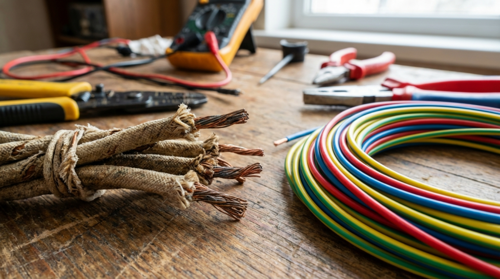 A bundle of exposed copper wires, a coil of colorful insulated wires, and various electrical tools lie on a wooden workbench.