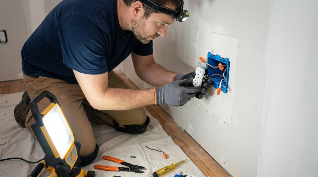 A person wearing gloves and a headlamp installs an electrical outlet in a wall, surrounded by tools and a work light on the floor.