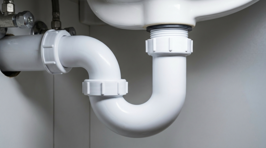 White plastic P-trap plumbing pipe under a sink, showing connection fittings and the underside of the sink basin.