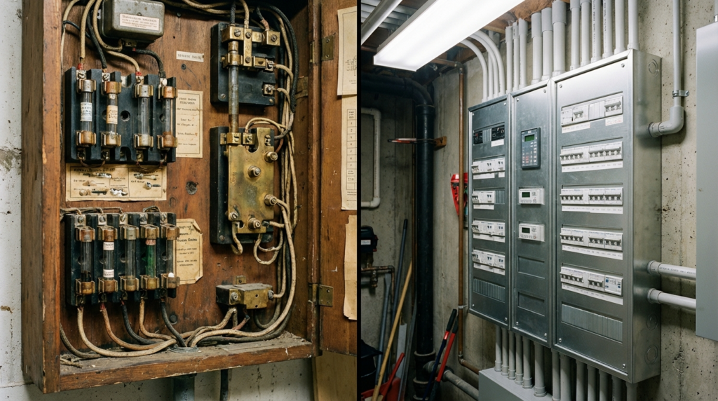 %focuskw% | Penguin Air, Plumbing & Electrical Side-by-side view of an old wooden fuse box with exposed wiring next to a modern metal electrical panel with labeled circuit breakers in a utility room.