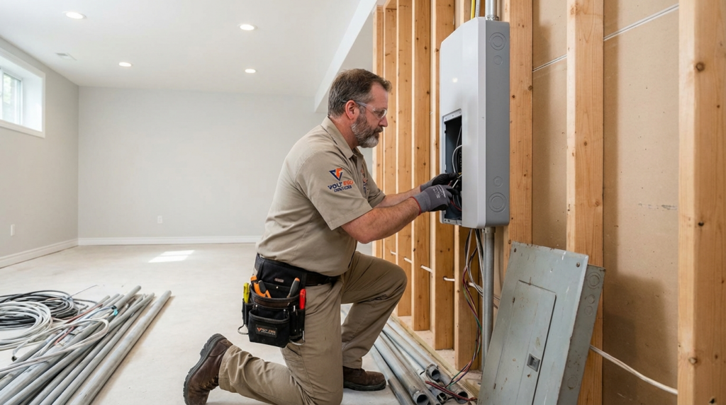 An electrician kneels and works on wiring inside an open electrical panel in a partially finished room with exposed wall studs.