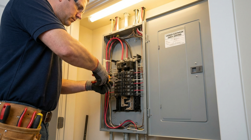 %focuskw% | Penguin Air, Plumbing & Electrical Person wearing gloves and safety glasses uses a screwdriver to work on an open electrical panel filled with wires in a residential setting.