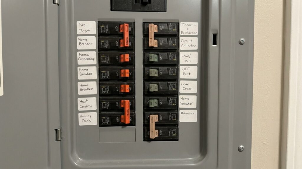 %focuskw% | Penguin Air, Plumbing & Electrical Electrical breaker panel with multiple labeled switches, including fire closet, home breakers, heat control, and various circuit descriptions on white labels.