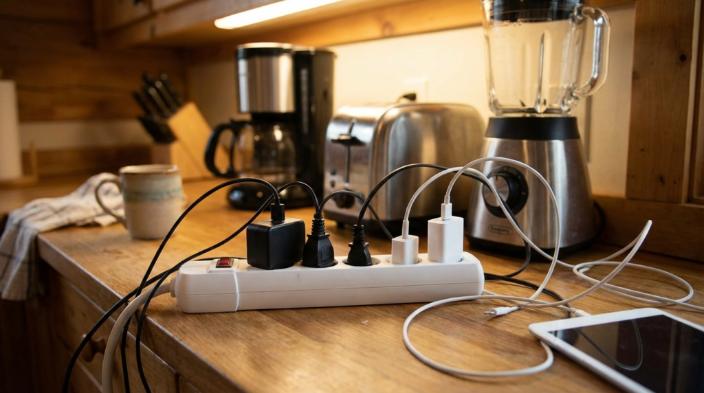 %focuskw% | Penguin Air, Plumbing & Electrical A power strip with multiple devices plugged in sits on a kitchen counter near a coffee maker, toaster, and blender.