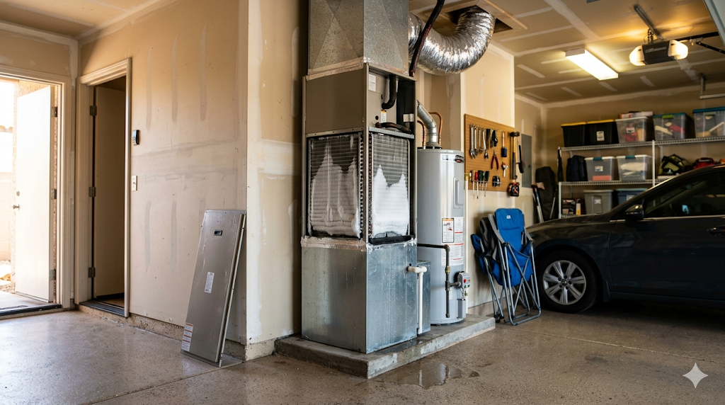 A residential garage with a furnace and water heater unit, tools on a wall rack, storage bins, folding chairs, and a parked car; garage door is open.