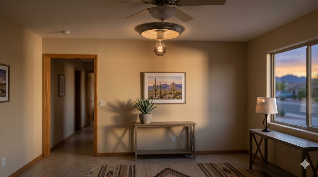 A small, unfurnished room with beige walls, a ceiling fan, a visible light bulb, a window, framed art, a lamp, and a potted plant on a wooden table.