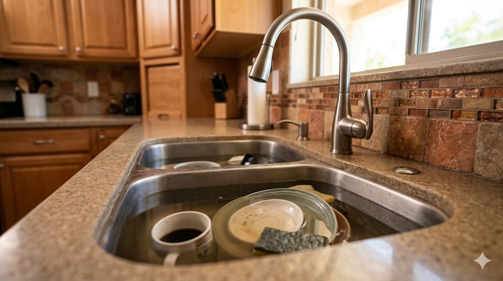 A kitchen sink filled with dirty dishes, bowls, cups, and utensils submerged in water, with a faucet and countertop visible.