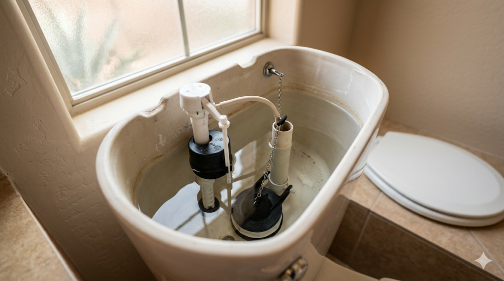 Open toilet tank showing flush valve, fill valve, and flapper mechanism, with water partially filling the tank. Toilet lid is resting nearby on the toilet seat.