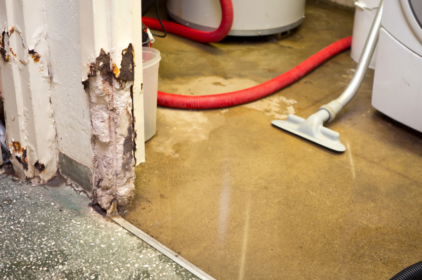 A water-damaged basement with wet floors, visible flooding, and wall corrosion. A hose and vacuum are being used for water removal near laundry appliances.