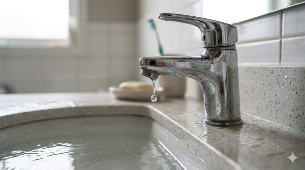 A chrome bathroom faucet with a droplet of water falls above an overflowing sink; water covers the countertop and a blurred soap dish is in the background.
