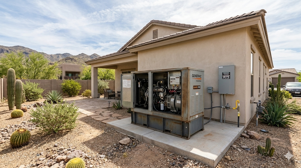 A large outdoor generator unit is installed next to a desert-style house with xeriscape landscaping and a backdrop of mountains.