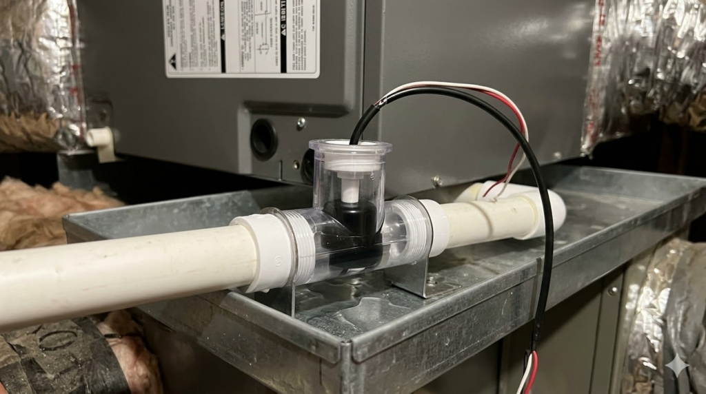 A close-up of a water sensor installed on a PVC pipe attached to an HVAC unit, with wires connected to the sensor.