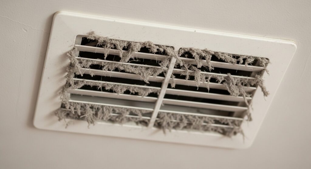 A white ceiling air vent with heavy dust buildup hanging from the slats.