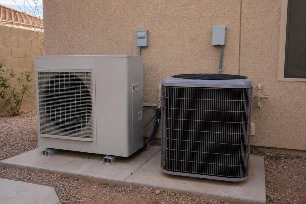 Two outdoor HVAC units are installed side by side on concrete pads against a beige stucco wall with electrical boxes mounted above them.