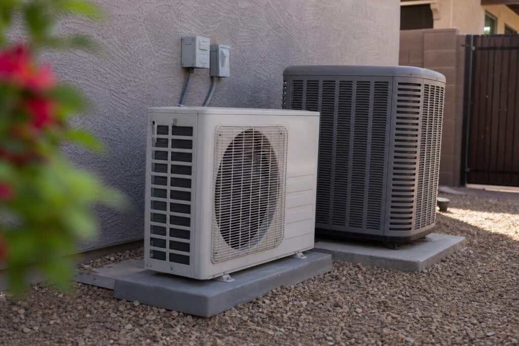Two outdoor air conditioning units sit on concrete pads next to a building with gravel ground and a wall in the background.