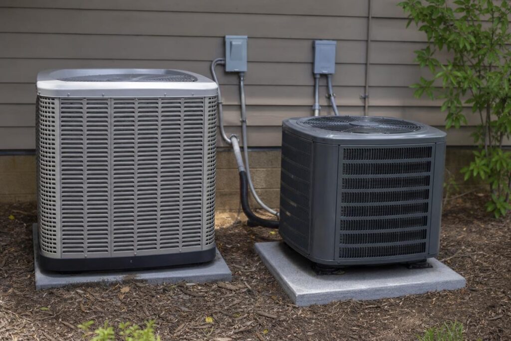 Two outdoor air conditioning units are installed on concrete pads next to the exterior wall of a house, with electrical boxes and tubing connected to each unit.