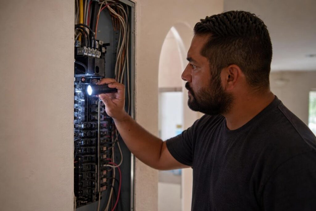 A man inspects an electrical panel with a flashlight inside a residential building.