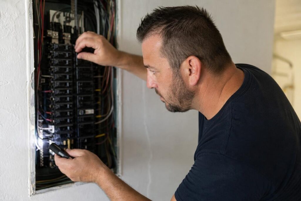 A man inspects and works on a circuit breaker panel, holding a small flashlight in one hand and touching switches with the other.