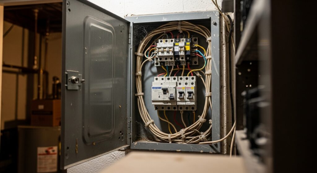 Open electrical breaker panel with exposed wiring and multiple circuit breakers installed inside a utility room.
