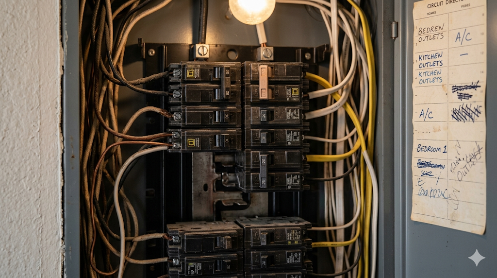 An open electrical panel with multiple circuit breakers, wires, and a handwritten circuit list on the inside door, illuminated by a small light bulb above.