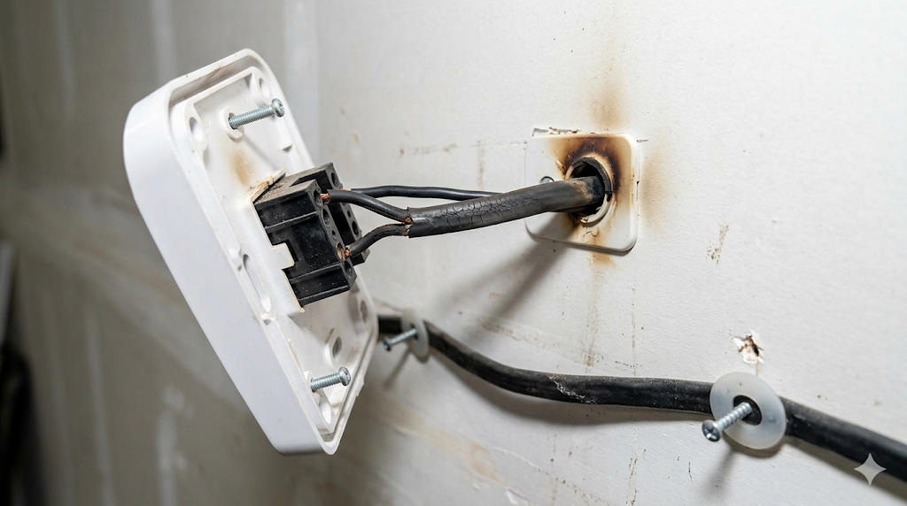 A damaged electrical outlet with exposed wires and burn marks is detached from a white wall, indicating possible electrical fire or overheating.