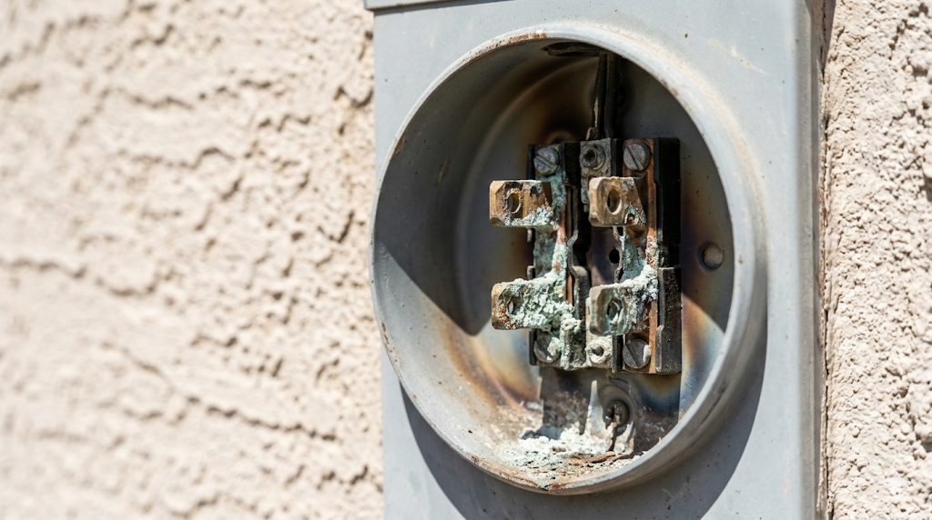 A close-up of a corroded and empty outdoor electrical meter socket mounted on a textured stucco wall.