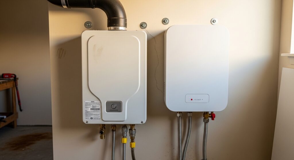 Two modern tankless water heaters are mounted side by side on a light-colored wall, with pipes and fittings connected below each unit.