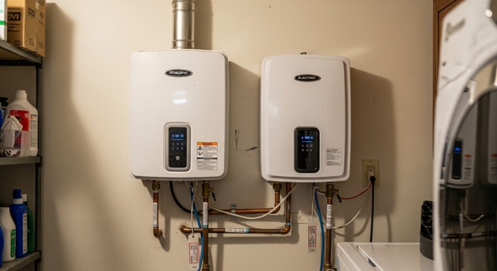 Two wall-mounted tankless water heaters with digital displays are installed side by side in a utility room, with visible piping and a laundry machine nearby.