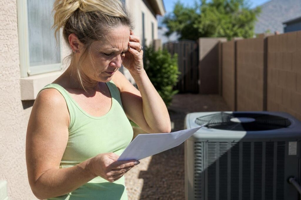 A woman stands outside near an air conditioning unit, looking at a piece of paper with a concerned expression.