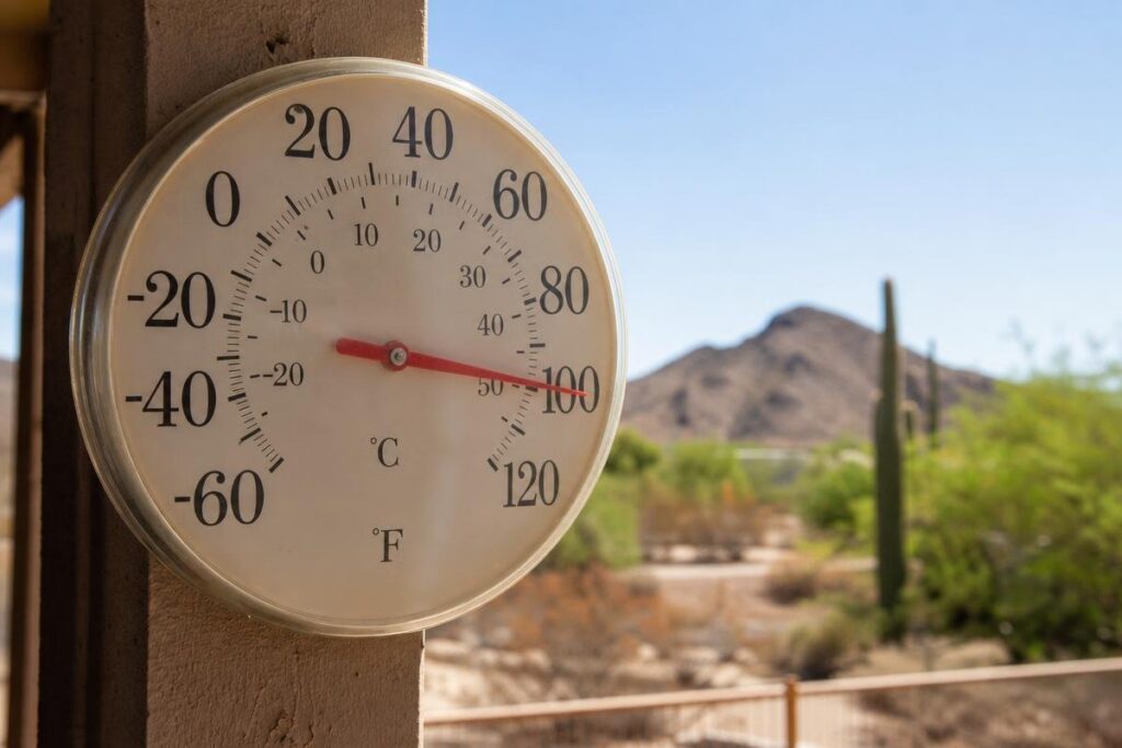 A round outdoor thermometer shows about 100°F, with a desert landscape, cacti, and a mountain in the background under a clear blue sky.