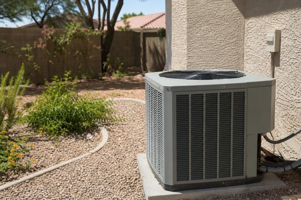An outdoor air conditioning unit sits on a concrete pad beside a house, surrounded by gravel and desert landscaping with plants and trees in the background.