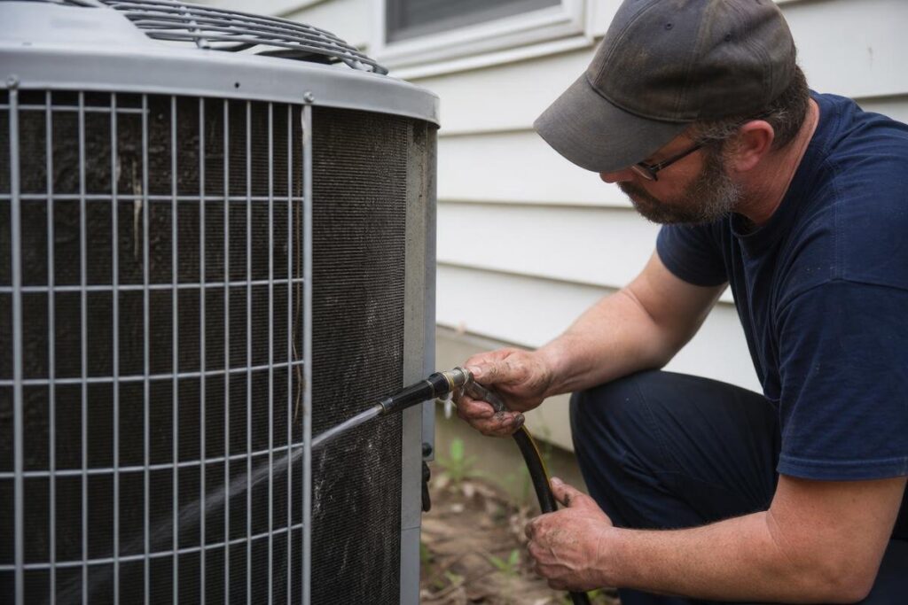 A man in a cap uses a hose to clean the exterior of a large outdoor air conditioning unit beside a house.