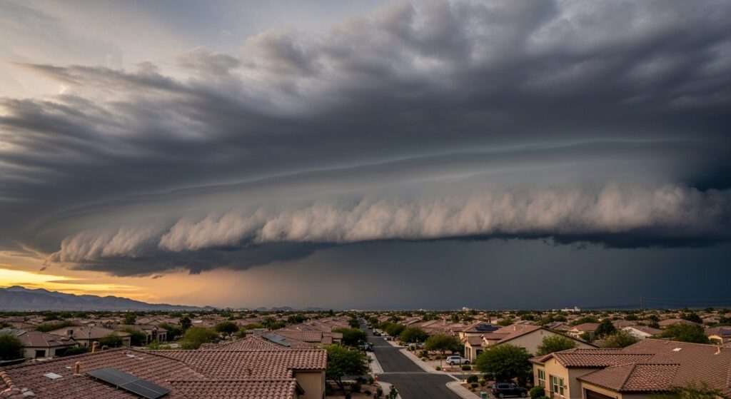 A dark, layered storm cloud stretches across the sky above a suburban neighborhood with tile-roofed houses at sunset.