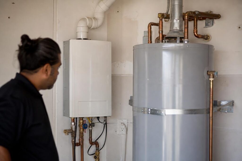 A person observes a water heater and a tankless water heater mounted on a wall with visible pipes and fittings.