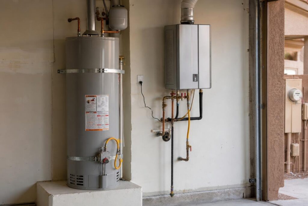 A traditional tank water heater and a tankless water heater are mounted side by side on the wall of a garage.