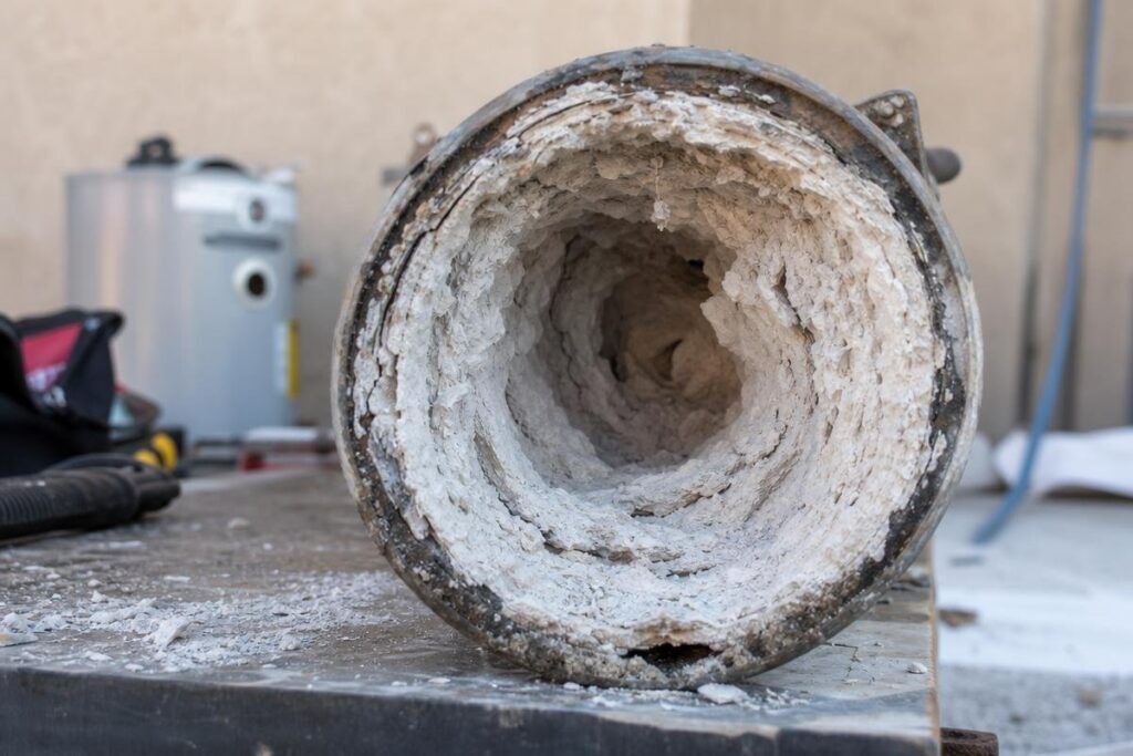 A metal pipe with a thick buildup of white mineral scale deposits on its interior is shown placed on a workbench.