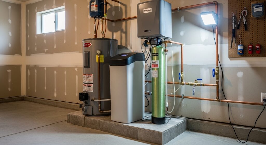 A home water heater, water softener, and filtration system are installed on a raised platform in a garage with unfinished walls and visible plumbing.