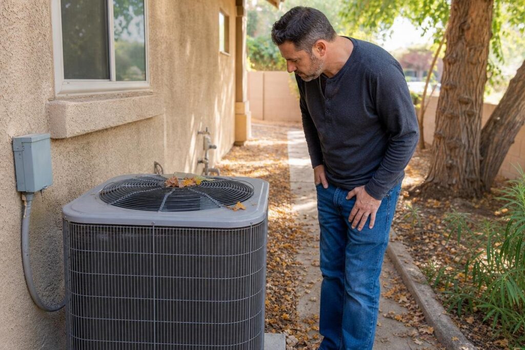 A man inspects an outdoor air conditioning unit covered with a few leaves, next to a beige house, on a leaf-strewn path.