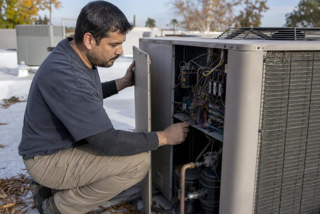 A man kneels beside an open outdoor HVAC unit, inspecting its internal wires and components on a rooftop surrounded by autumn leaves.
